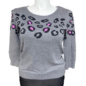 Revolution by Rickis Womens Knit Sweater Pullover Leopard Animal Print Gray Larg